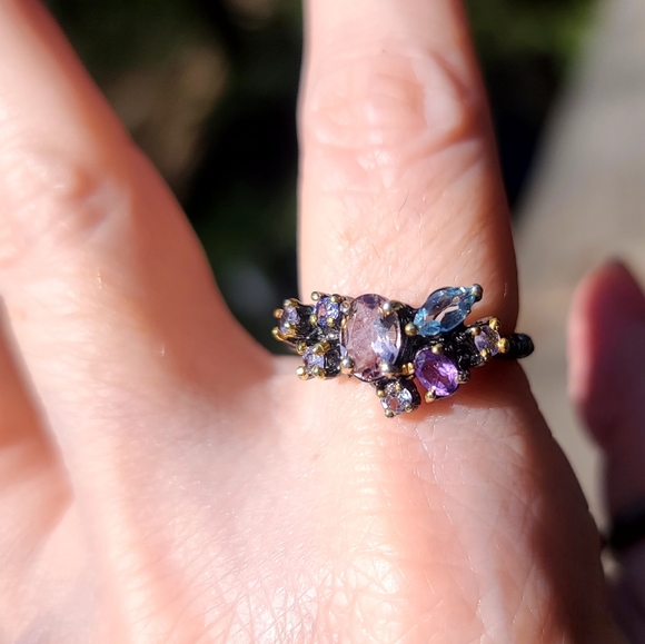 Amethyst Tanzanite & Aquamarine cluster Sterling ring sz 9 - Picture 4 of 9